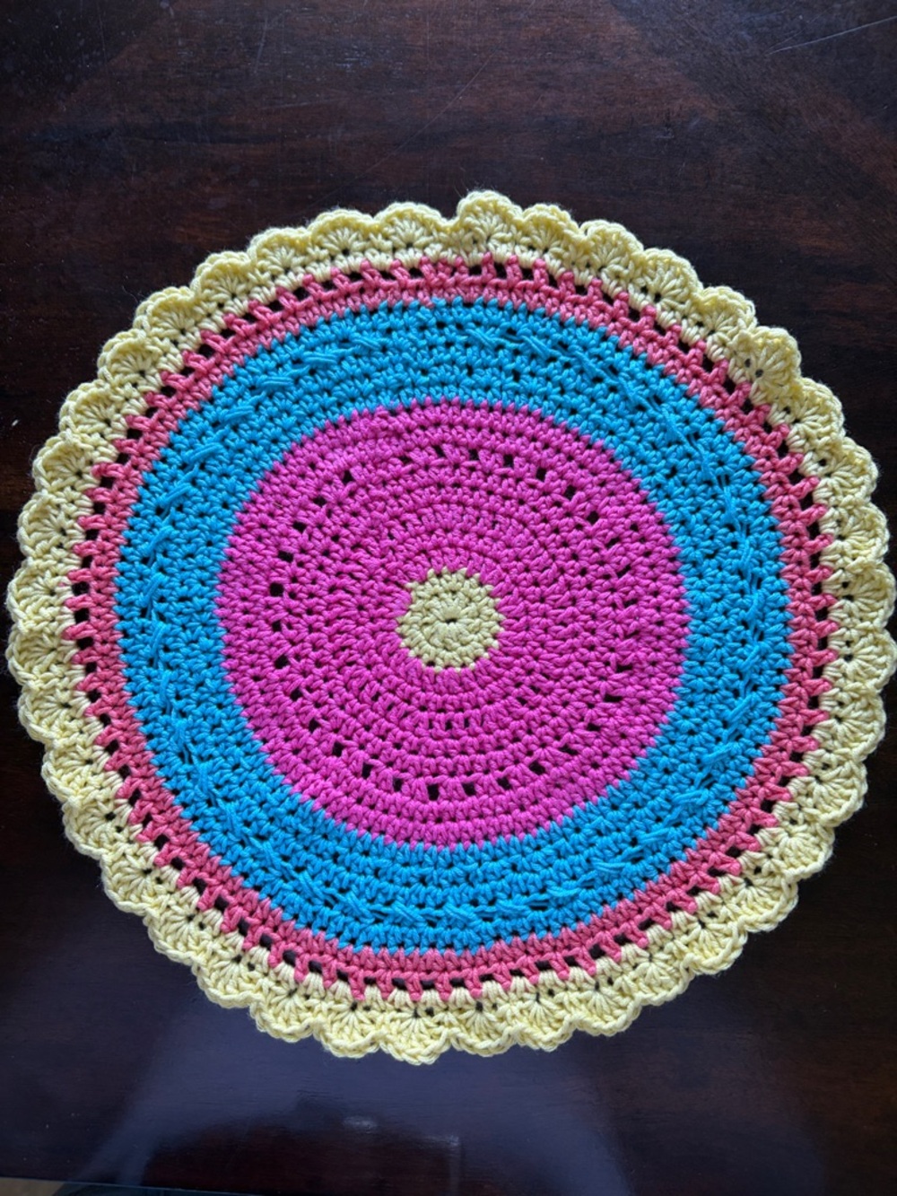 Handmade Crochet Round Doily - Pink, Blue & Yellow